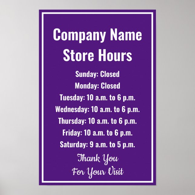 Poster Modelo de Varejo Roxo Real Horário Comercial (Frente)