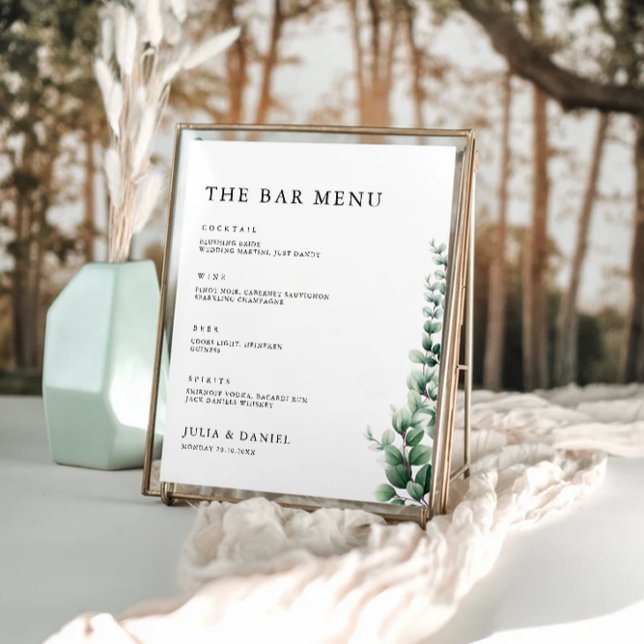 Poster Modelo do Menu Bar de Casamento Verde (Greenery Wedding Bar Menu Sign Template)