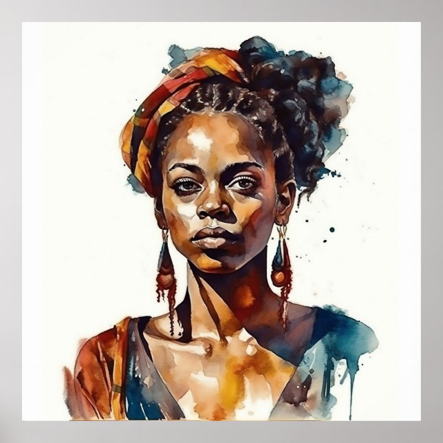 Poster Modelo Negra Boho Alta Moda Mulher Aquarela (Frente)