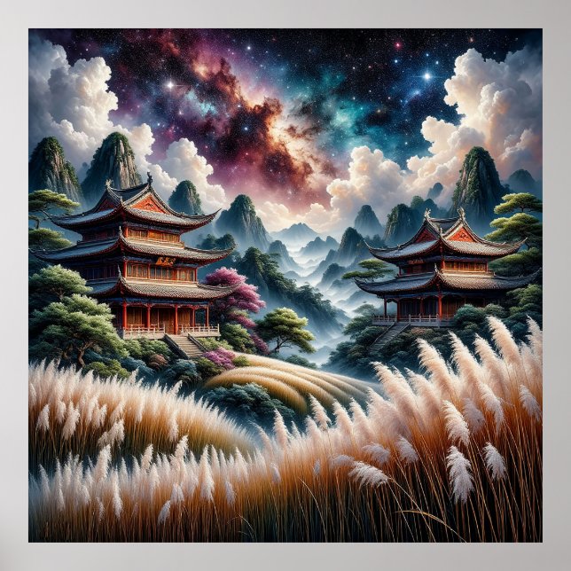 Poster Modelos Asiáticos Cênicos Contra Céu Estrelado (Frente)