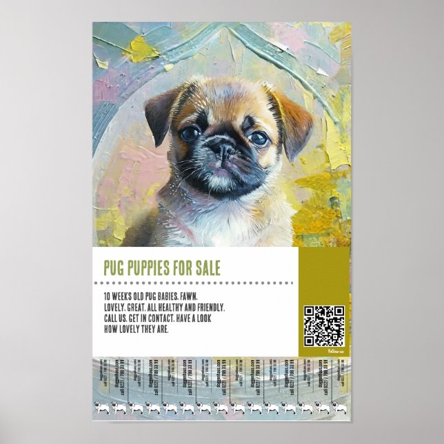 Poster modelos de folhetos para venda de filhotes de Pug (Frente)