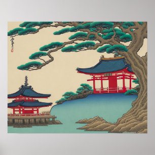 Poster Modelos Vermelhos E Arte Do Lago Japonês Vintage U