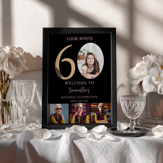 Poster Modern Black gold 60th Birthday 4 Foto de boas-vin (Modern Black gold 60th Birthday 4 Photo Welcome Poster)