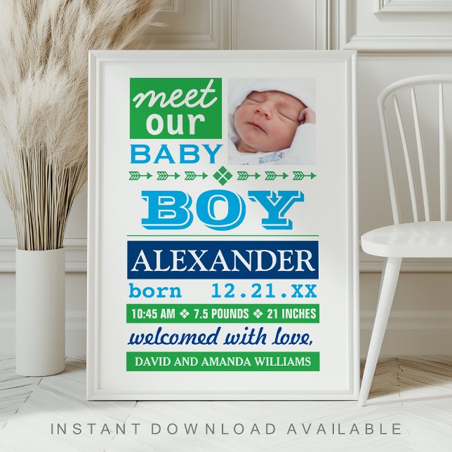 Poster Modern Blue Baby Boy Photo Birth Announcement (Criador carregado)