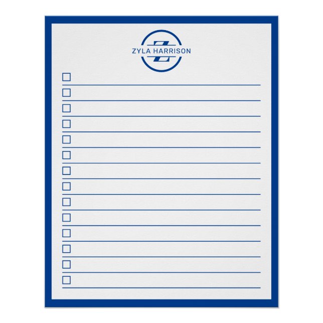 Póster Modern Blue Monogram Name To Do List (Frente)