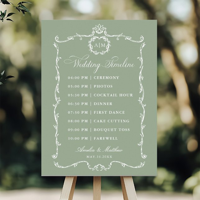 Poster Modern Classic French Sage Green Wedding Timeline (Criador carregado)