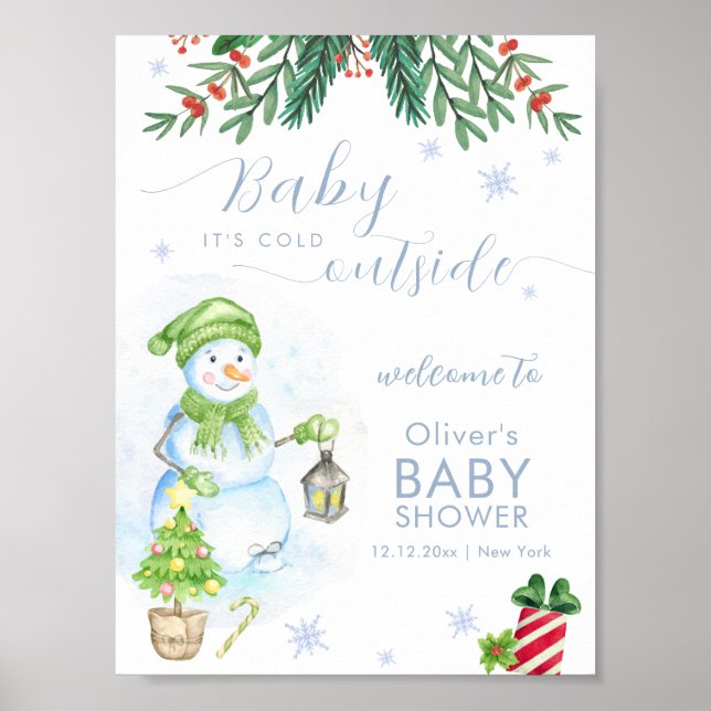 Poster Modern Cold Outside Snowman Baby Shower Welcome (Frente)