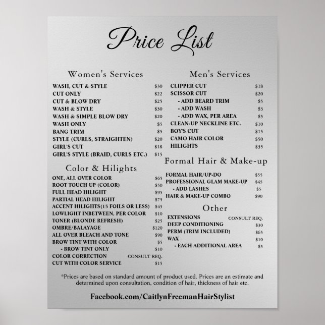Poster Modern Elegant Beauty Salon Price List (Frente)