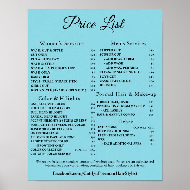 Poster Modern Elegant Beauty Salon Price List (Frente)