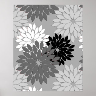 Póster Modern Floral Kimono Impressão, Cinza, Preto e Bra