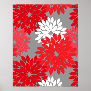 Póster Modern Floral Kimono Impressão, Coral Red e Cinza