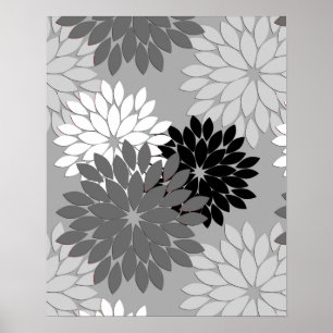 Póster Modern Floral Kimono Print, Gray, Black and White