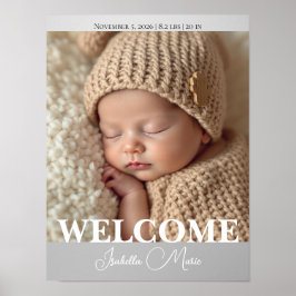 Poster  Modern Grey and White Photo Birth Announcement