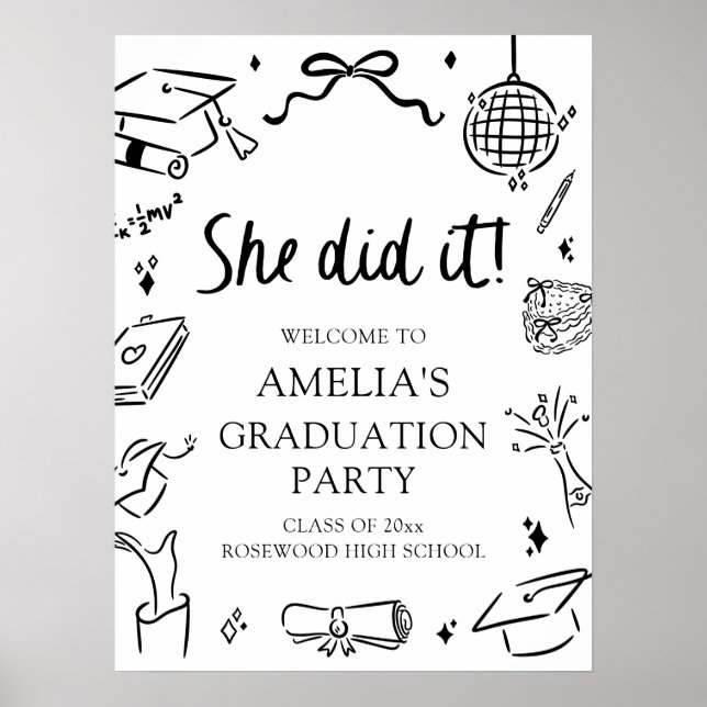 Poster Modern Hand Drawn Bow Graduation Party Welcome (Frente)