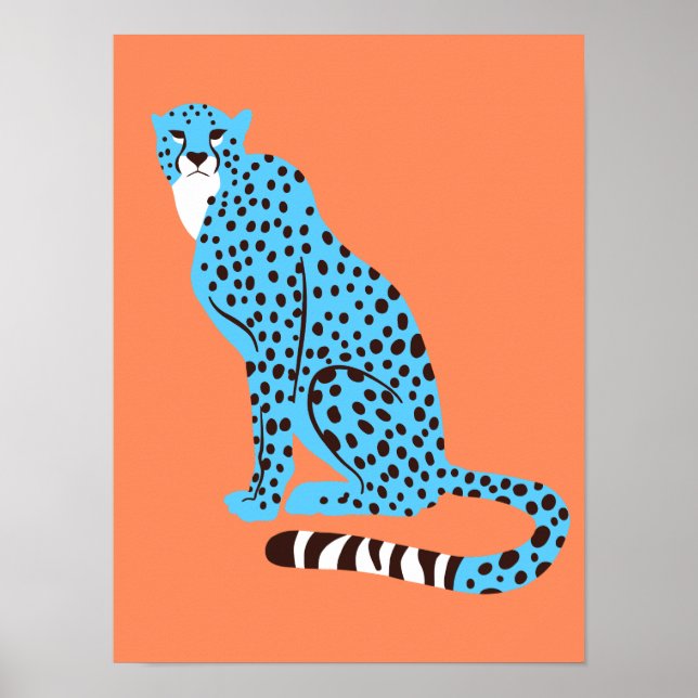 Poster Modern Malibu Blue Cheetah sobre Salmão Orange (Frente)