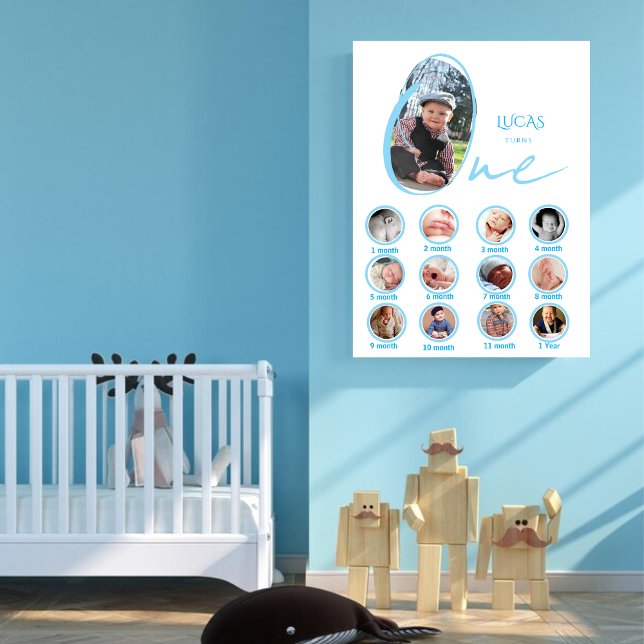 Poster Modern One Year Milestone Baby Boy Photo Collage  (Criador carregado)