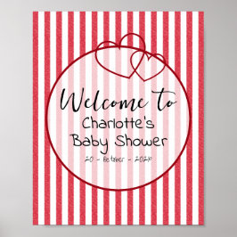 Poster Modern Red Chalk Stripes Double Hearts Baby Shower