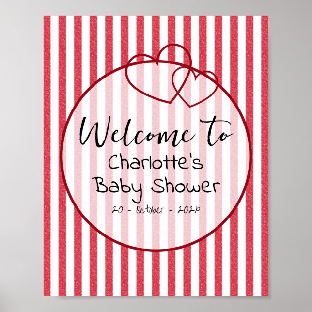Poster Modern Red Chalk Stripes Double Hearts Baby Shower (Frente)