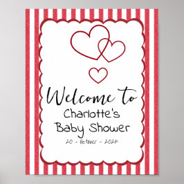 Poster Modern Red Chalk Stripes Triple Hearts Baby Shower