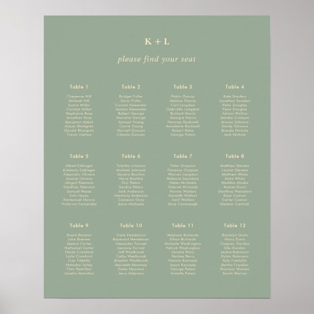 Poster Modern Sage Green Simple Wedding Seating Chart (Frente)