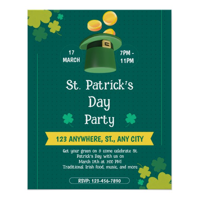 Póster Modern St. Patrick's Day Party Custom Invitation (Frente)