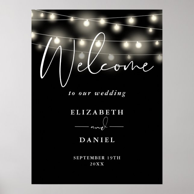 Poster Modern String Lights Wedding Welcome Sign (Frente)