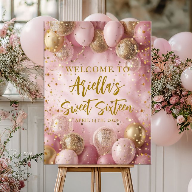Poster Modern sweet 16 pink gold balloons welcome (Criador carregado)