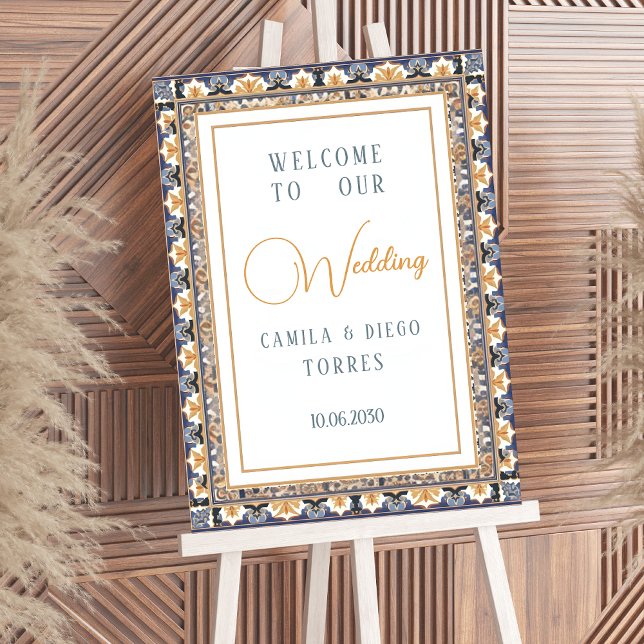 Poster Modern Talavera Mexican Tile Wedding Welcome Sign (Criador carregado)
