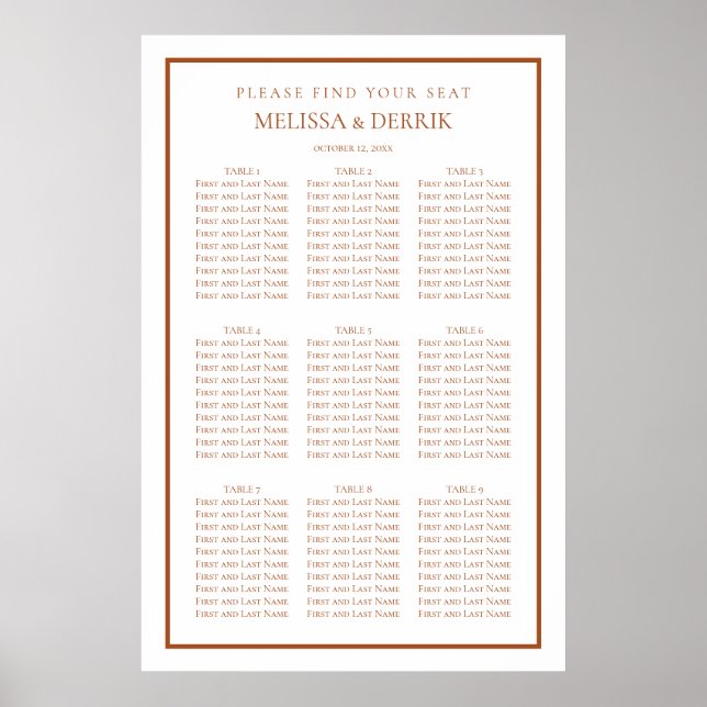 Poster Modern Terra Cotta e White Weding Seating Chart (Frente)