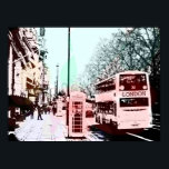 Poster Modern Watercolor London Street Scene Pop Art<br><div class="desc">Uma legal e colorida adaptação de pop de cor d'água de uma fotografia que mostra uma cena comum de rua mundana na cidade de Londres, Inglaterra, Reino Unido completa com caixa de telefone icônica e ônibus de dois andares. As cores são tons pastéis macios de azul, verde, laranja, amarelo, rosa...</div>