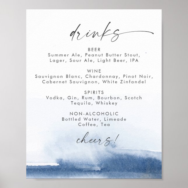 Poster Modern Watercolor | Sinal de menu Drinks Azuis (Frente)