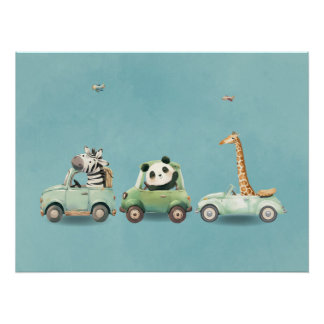 Póster Modern Whimsical Animals in Vehicles Poster