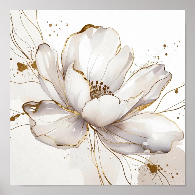 Poster Modern White Magnolia Gold Line Art Floral Wedding (Frente)