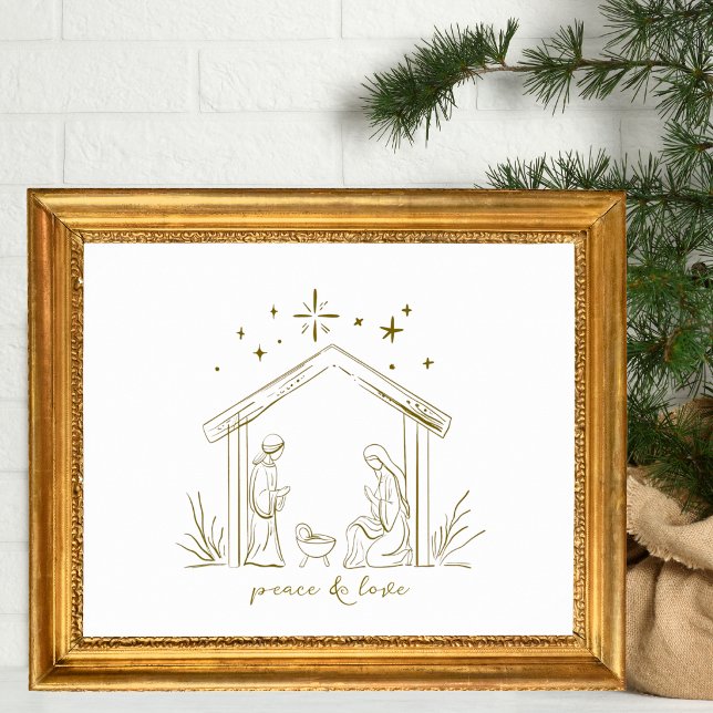 Poster Moderna Natividade de Natal paz amor religioso  (modern elegant gold Christmas Nativity Scene religious christian poster print wall art room decor )