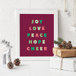 Poster Moderna Tipografia Joy Love Peace Esperança Natal<br><div class="desc">Uma poster de Natal moderna,  ousada e colorida,  em vermelho e verde,  com as palavras "alegria,  amor,  paz,  esperança,  alegria".</div>