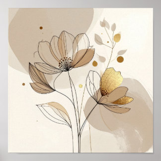 Poster Modernista Floral Dourado Minimalista em Arte de L