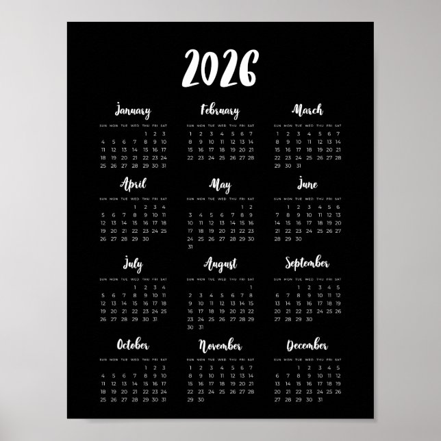 Poster Moderno 2025 Calendário preto (Frente)