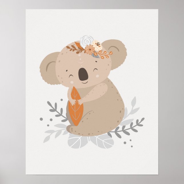 Poster Moderno berçário escandinavo fofo Koala com flores (Frente)