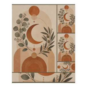 Póster Moderno Boho Crescente & Ramo de Oliveira