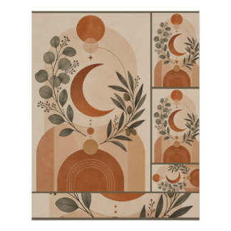 Póster Moderno Boho Crescente & Ramo de Oliveira