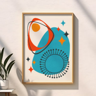 Poster Moderno de Meados do Século Azul Atômico Vermelho