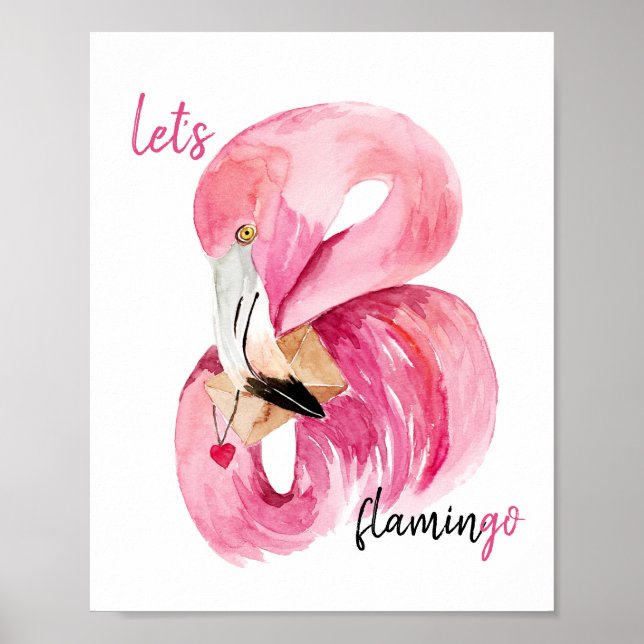 Poster Moderno Exótico Rosa Let's Flamingo Aquarela   (Frente)