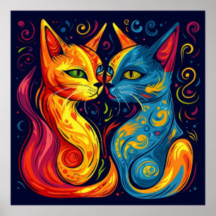 Poster Moderno Gato Fantasia Abstrata Colorida e Capricho