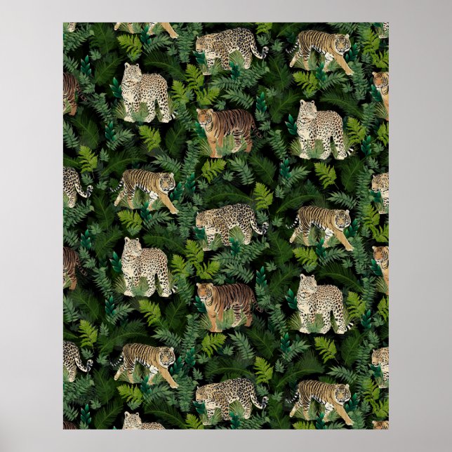 Poster Moderno Leopardos Tigres Plantas Selvagens Design  (Frente)
