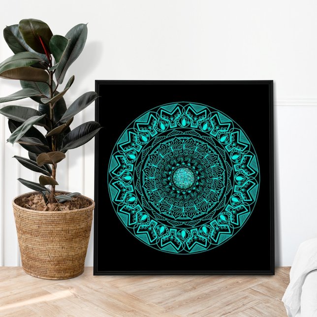 Poster Moderno Mandala Black Turquoise Elegante (Criador carregado)