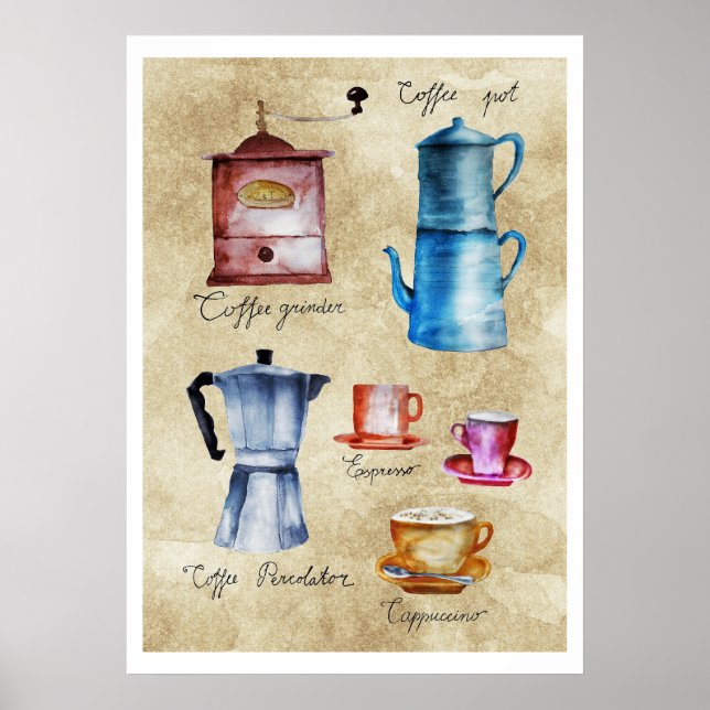 Poster Moderno Potes de Café Vintage Grinder Watercolor A (Frente)