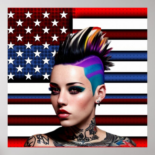Poster Mohawk Punk Girl with American Flag (Frente)