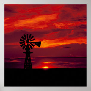 Póster Moinho De Enxerce E Pôr Do Sol