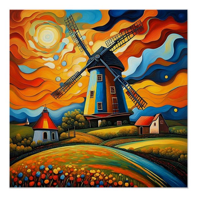 Póster Moinho de vento ao pôr do sol 10 (Frente)