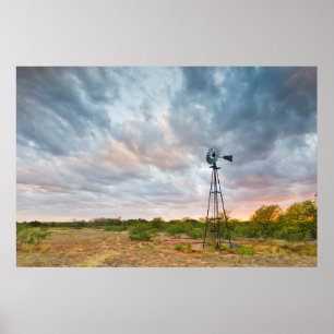 Póster Moinho de vento e nuvens no por do sol